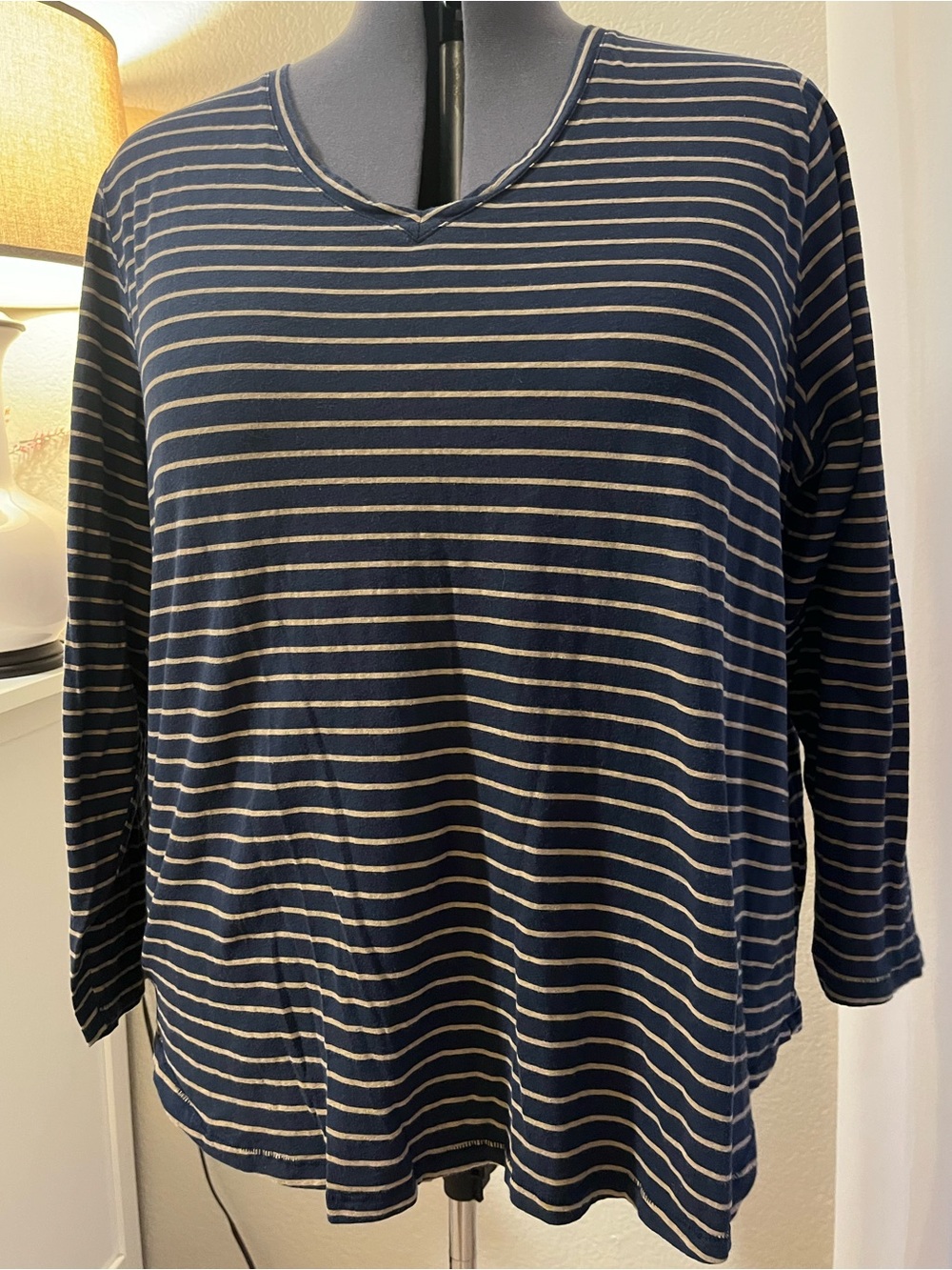 Sonoma Navy & Tan Striped V-Neck Long Sleeve Cotton Tee 3x